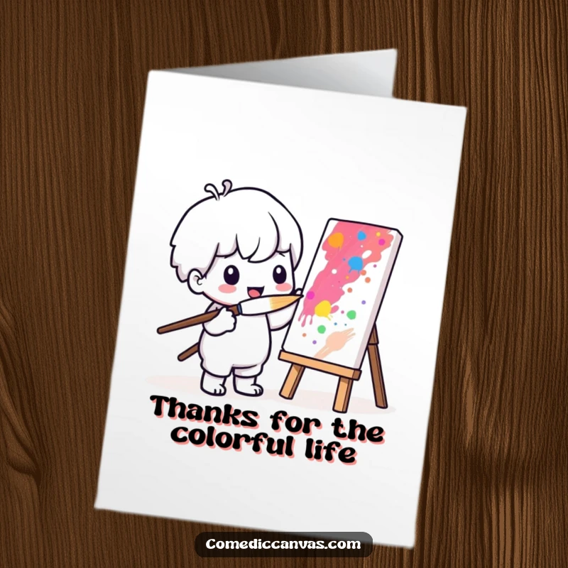 Sweet free printable thank you card of a Kawaii character using an exaggeratedly large brush to paint.
