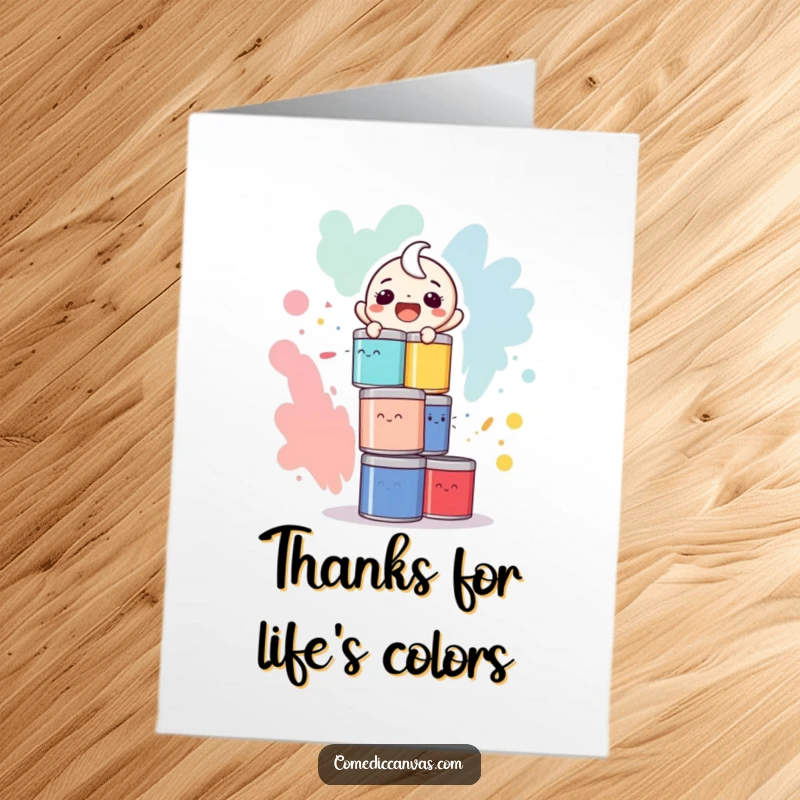 Amusing free printable thank you card of a laughing character balancing a tall stack of vibrant paint cans.
