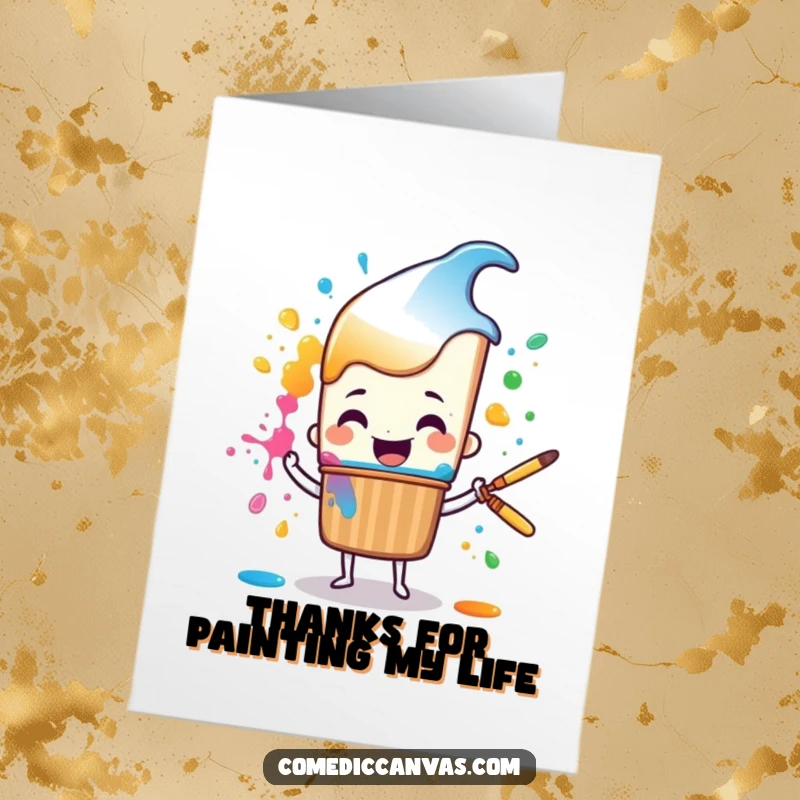 Funny Free Printable Thank You Card: Cheerful paintbrush cartoon splattering colorful paint, artistic gratitude art.