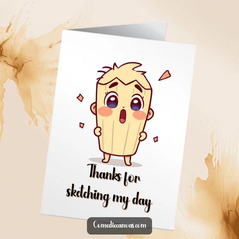 Funny Free Printable Thank You Card: A surprised pencil character joyfully sketching a large heart to show appreciation.