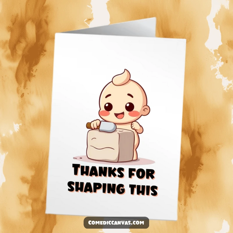 Funny Free Printable Thank You Card: Happy chisel character comically chipping away at clay, a handcrafted thank you.