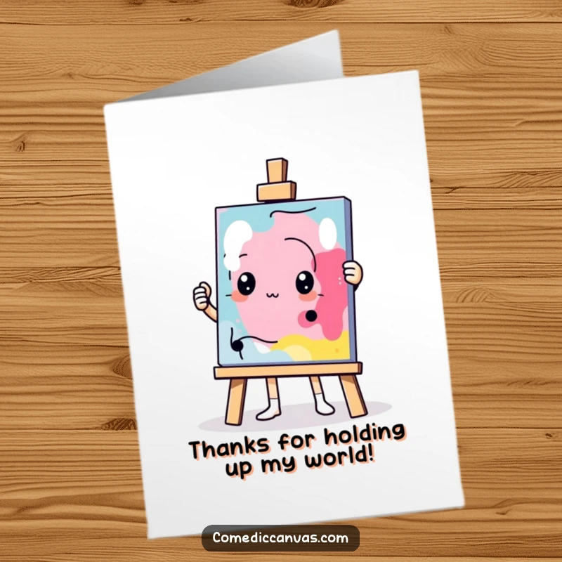 Funny Free Printable Thank You Card: A determined easel character holding up a hilariously abstract and unconventional masterpiece.