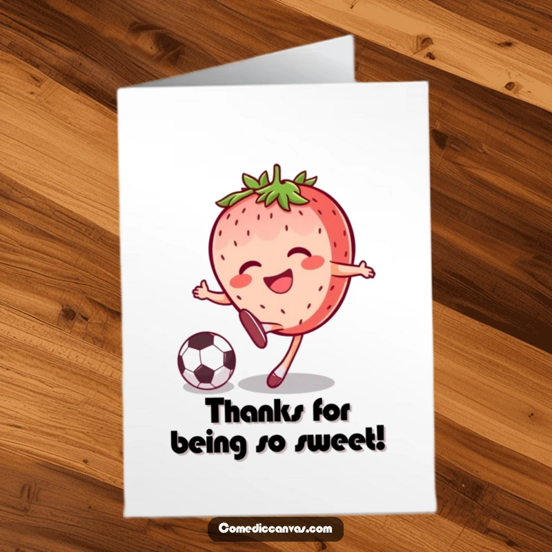 Funny Free Printable Thank You Card: Joyful strawberry soccer player kicking a ball, expressing thanks.