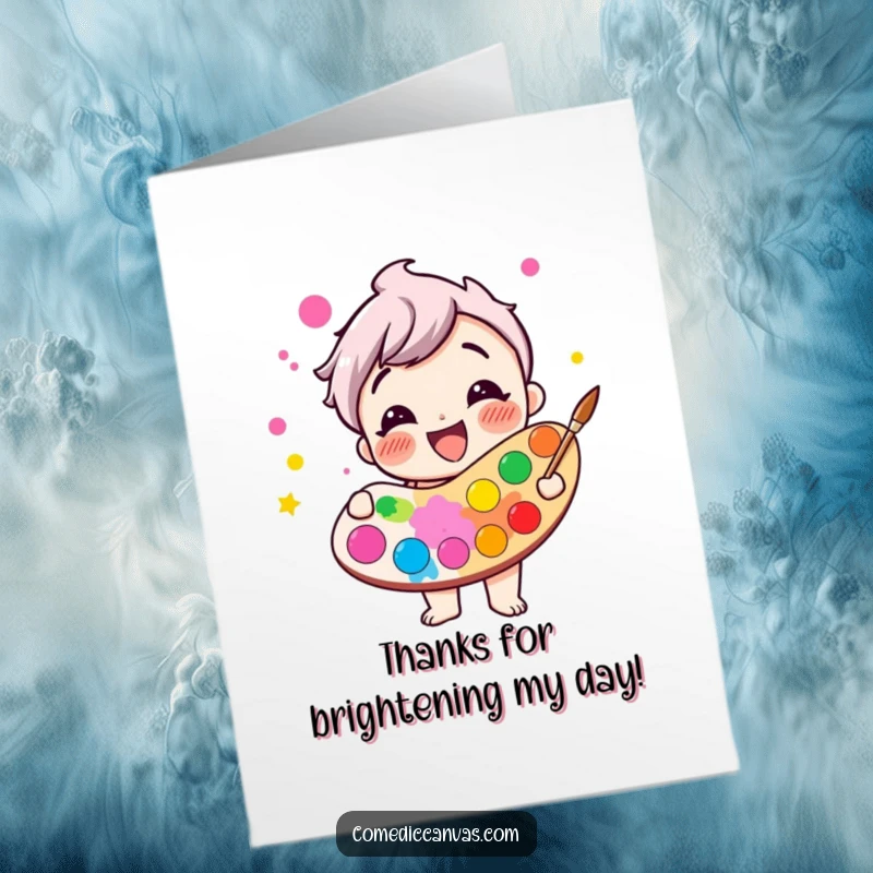 Funny Free Printable Thank You Card: A giggling paint palette character spilling over with bright, happy colors.