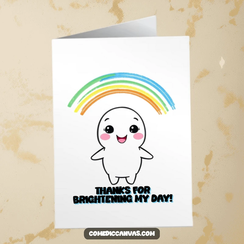 Funny Free Printable Thank You Card: A cheerful crayon character drawing a vibrant rainbow, expressing thanks with a wide grin.