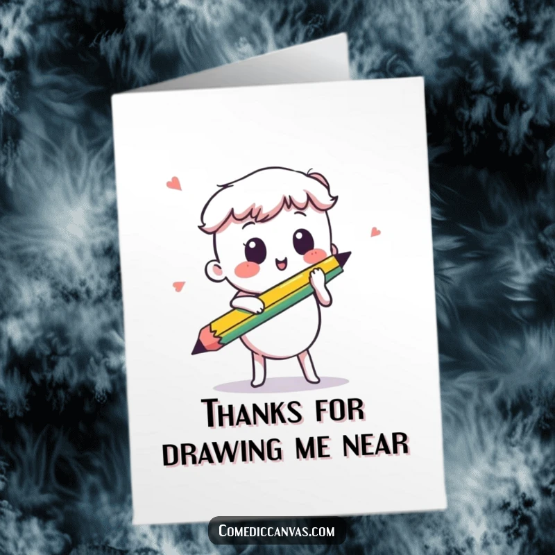 Funny Free Printable Thank You Card: A cute kawaii pencil joyfully sketches a quick, energetic line to say thanks. A unique DIY gift.