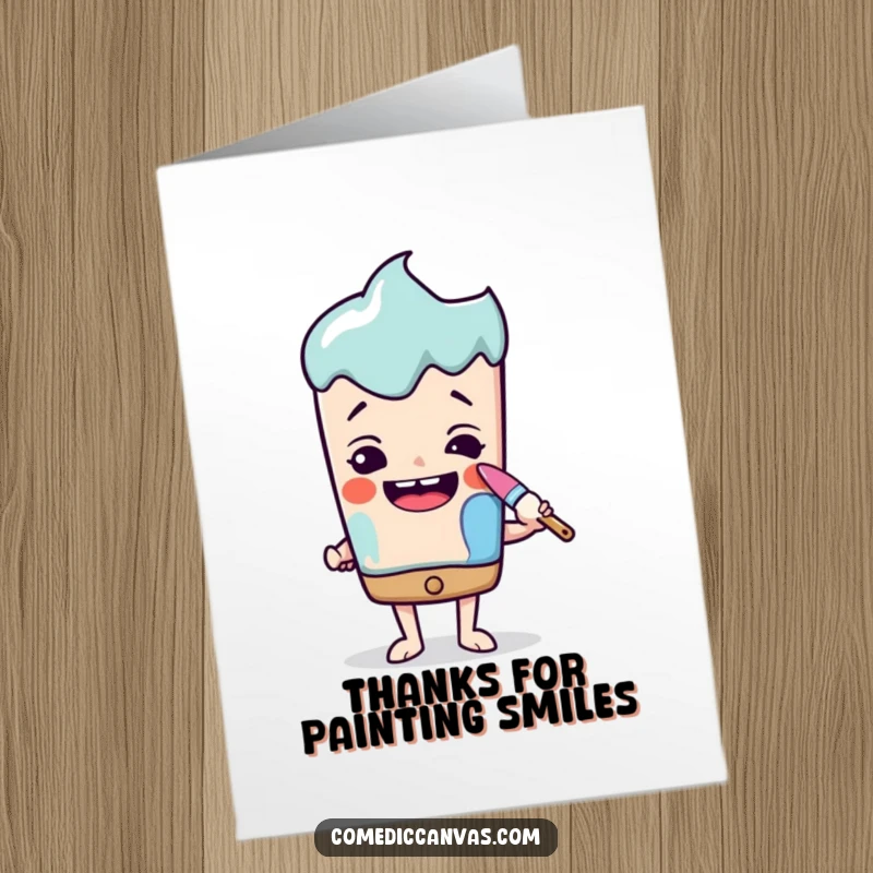 Free Printable Thank You Card: A determined paintbrush character transforming a frown into a smile, conveying heartfelt thanks.
