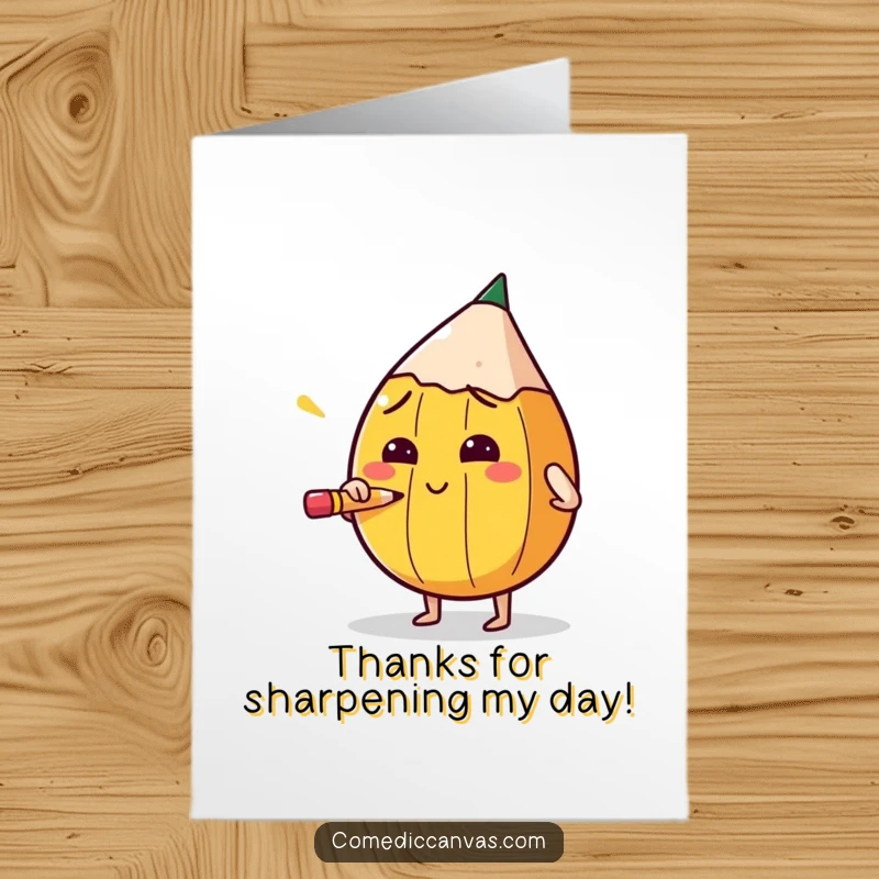 Funny Free Printable Thank You Card: A pencil character is absorbed in sharpening itself, showing focused gratitude.