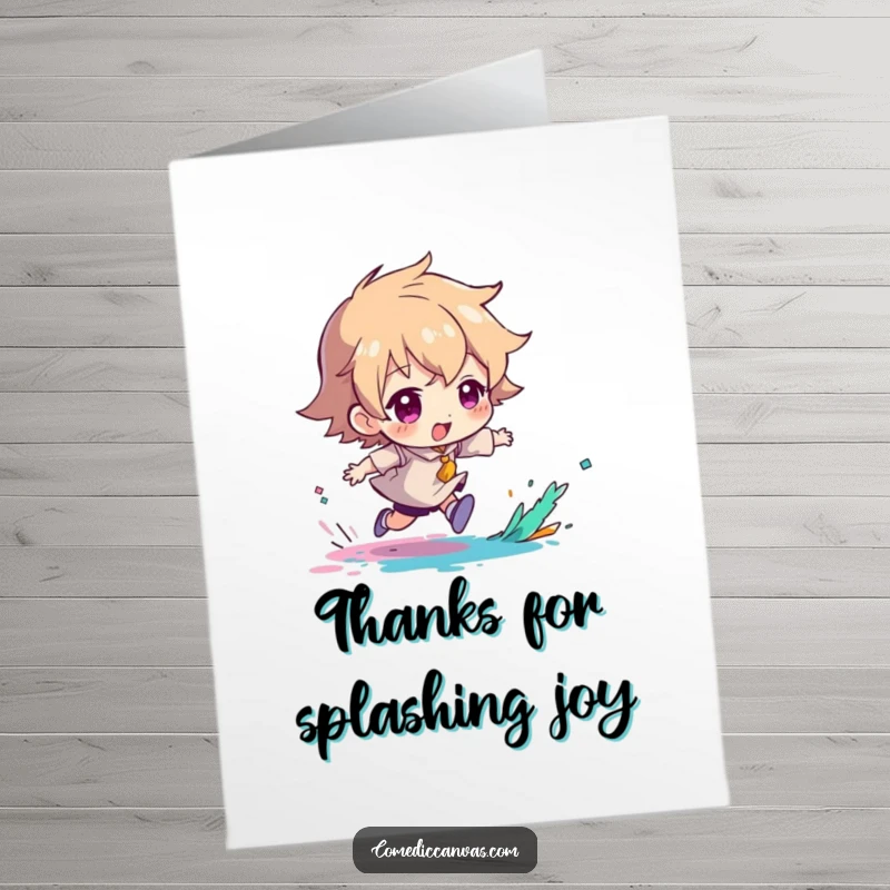 Funny free printable thank you card depicting a character chasing a splash of paint, symbolizing energetic gratitude.