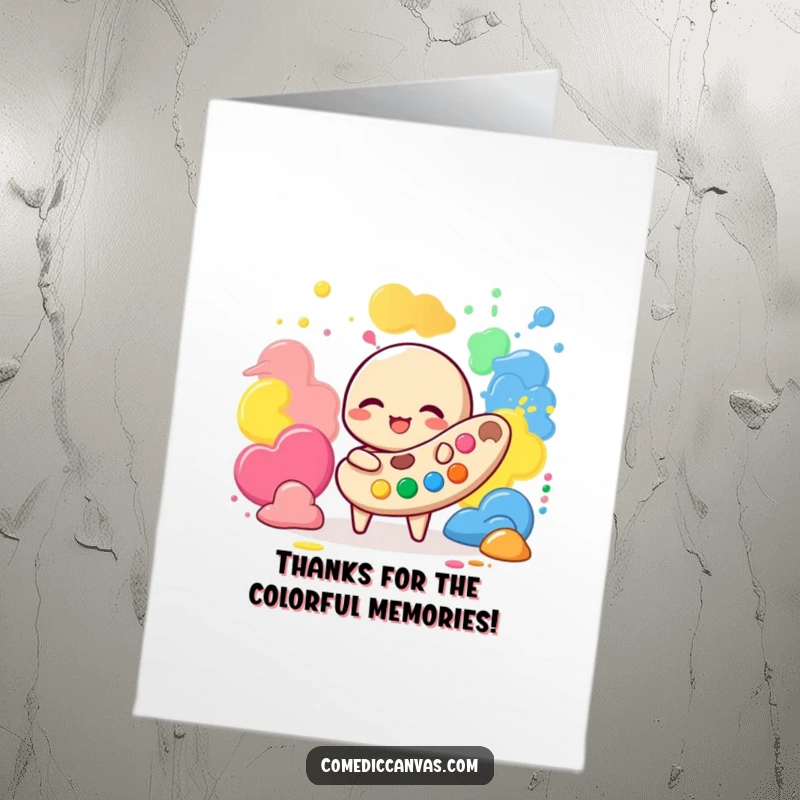 Funny Free Printable Thank You Card: A giggling palette character mingling with paint blobs, cheerfully expressing thanks.