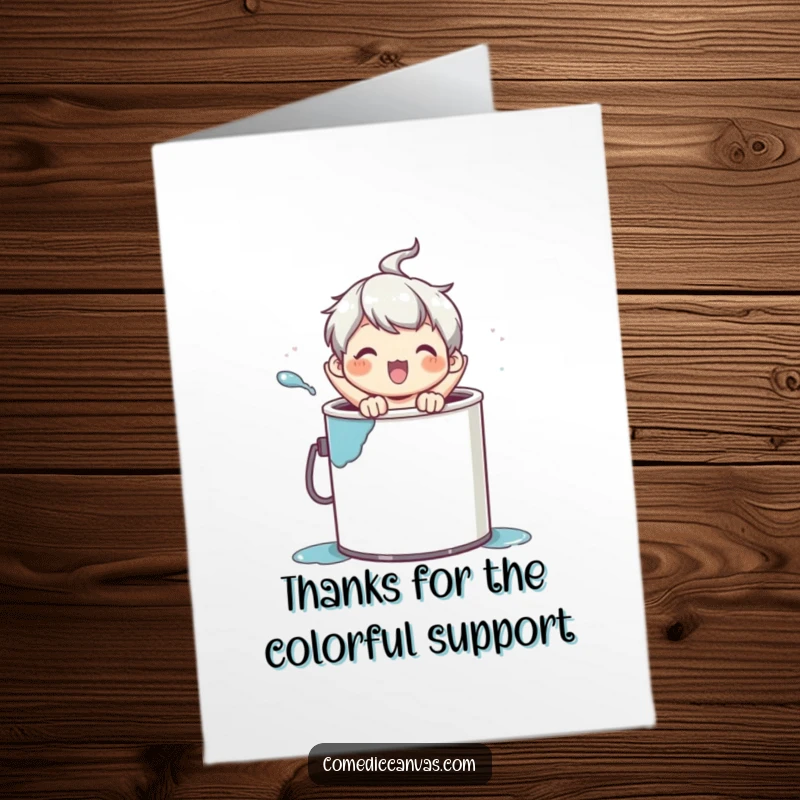 Funny free printable thank you card depicting a character popping out of a paint can, conveying heartfelt thanks.