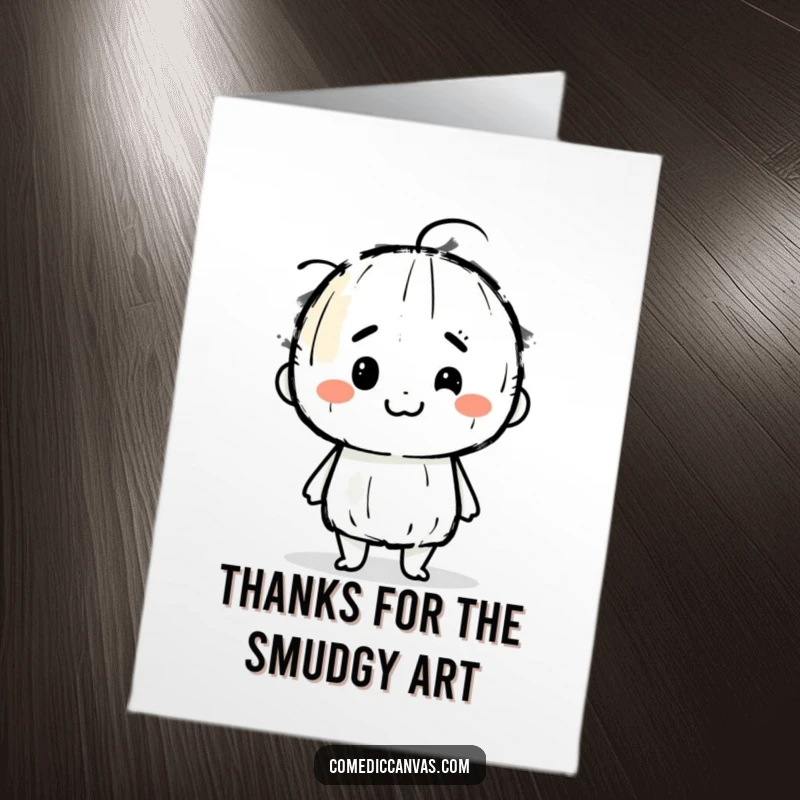 Funny Free Printable Thank You Card: Charcoal stick character happily smudges artistic lines, conveying thanks with messy charm.