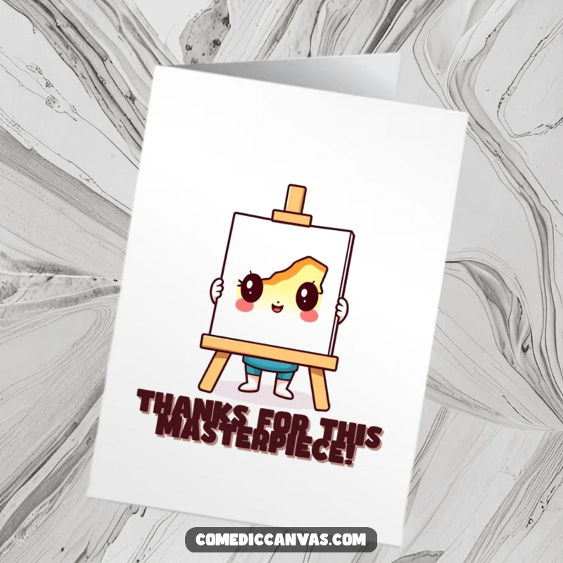 Funny Free Printable Thank You Card: Easel character proudly presents a colorful, unfinished masterpiece, radiating gratitude.
