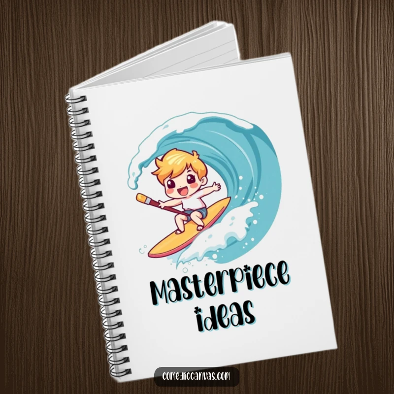Funny notebook cover featuring a character joyfully surfing a canvas wave on a paintbrush, ideal for jotting down creative thoughts.