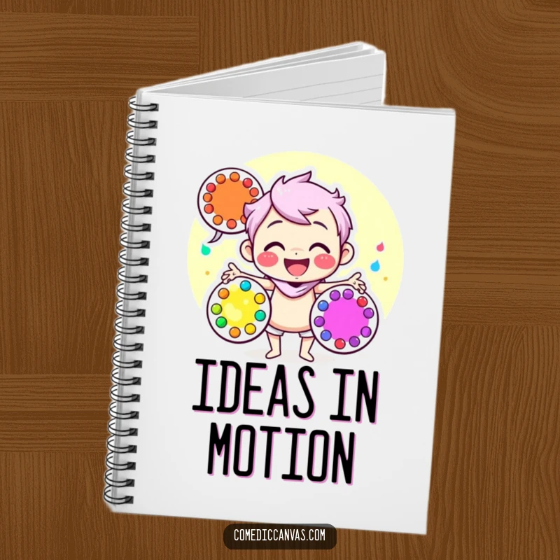 Funny notebook cover with a cheerful character juggling colorful art palettes, ideal for jotting down creative thoughts.
