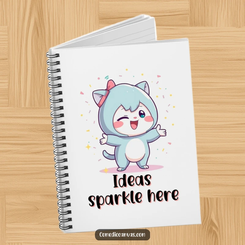Funny notebook with a mischievous character playfully throwing glittery confetti, perfect for jotting down party ideas and plans.