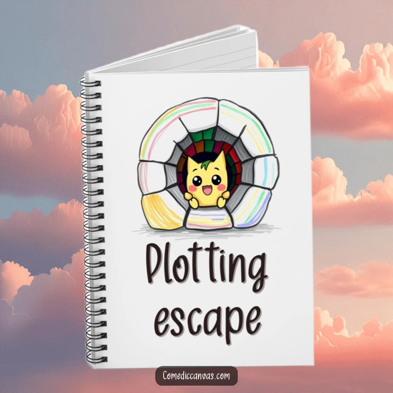 Funny notebook with a mischievous crayon character humorously drawing a small, colorful escape tunnel, perfect for jotting down creative thoughts.