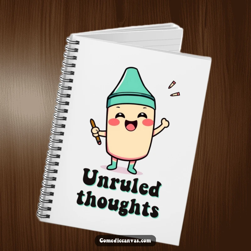 Funny notebook with a smiling crayon character excitedly coloring outside the lines of a shape, for notes.