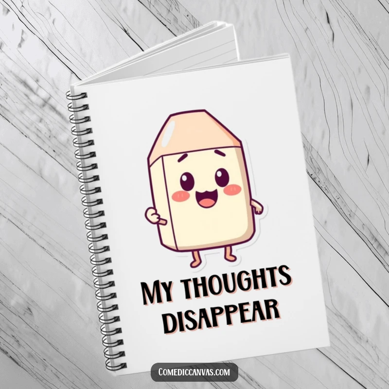 Funny notebook with a happy eraser character erasing a surprised expression, perfect for jotting down solutions.