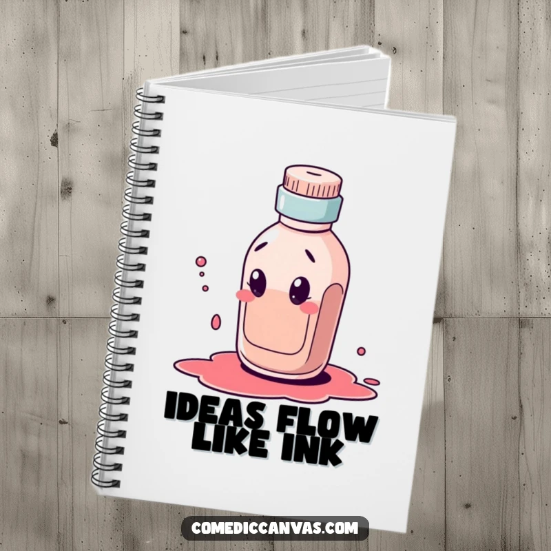 Funny notebook with a curious ink bottle character comically dribbling a large ink blot, inspiring creative notes and artistic doodles.