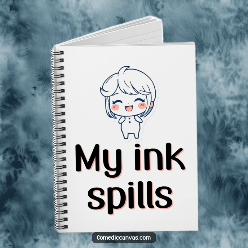Funny Ink Pen Notebook with a joyful character creating elegant, flowing strokes on the cover, ready for notes.
