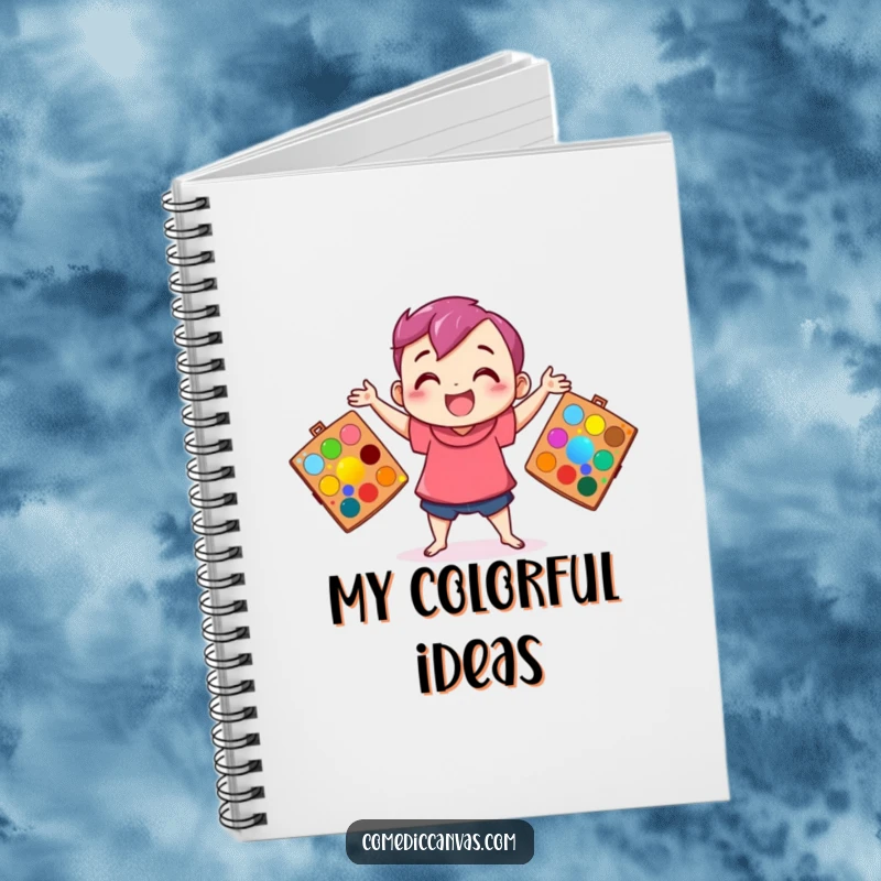 Funny notebook cover featuring a happy character juggling art palettes filled with bright colors, perfect for capturing creative thoughts.
