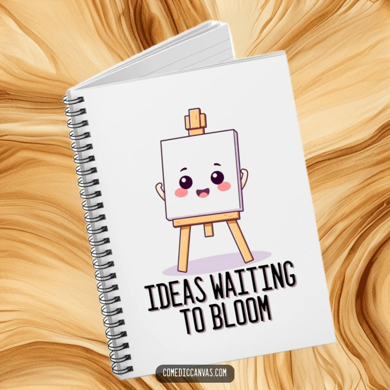 Funny kawaii easel holding a blank canvas, a notebook for capturing ideas, symbolizing creative potential and humor.