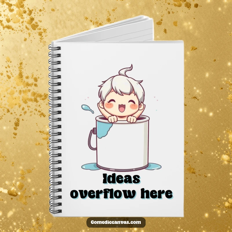Funny notebook with a character popping out of a paint can, encouraging creative writing and drawing.