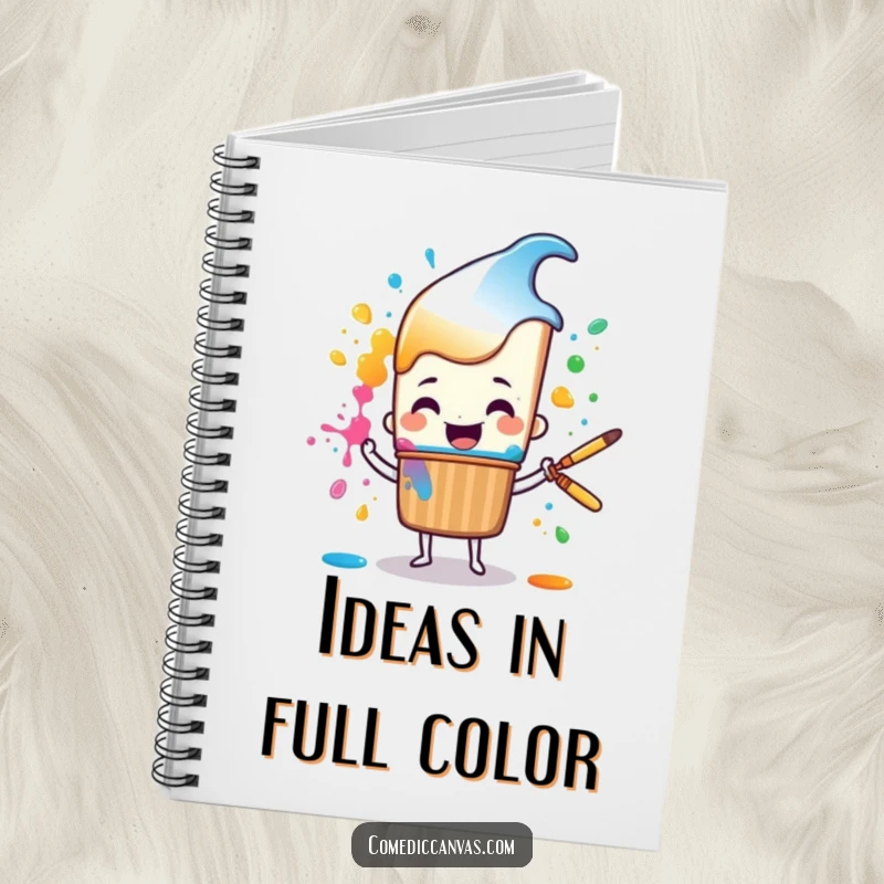 Funny cheerful paintbrush character happily splattering colorful paint, a humorous notebook for creative ideas.
