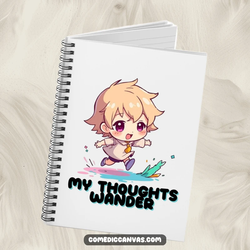 Funny notebook with a character chasing a paint splash, encouraging creative writing and drawing.