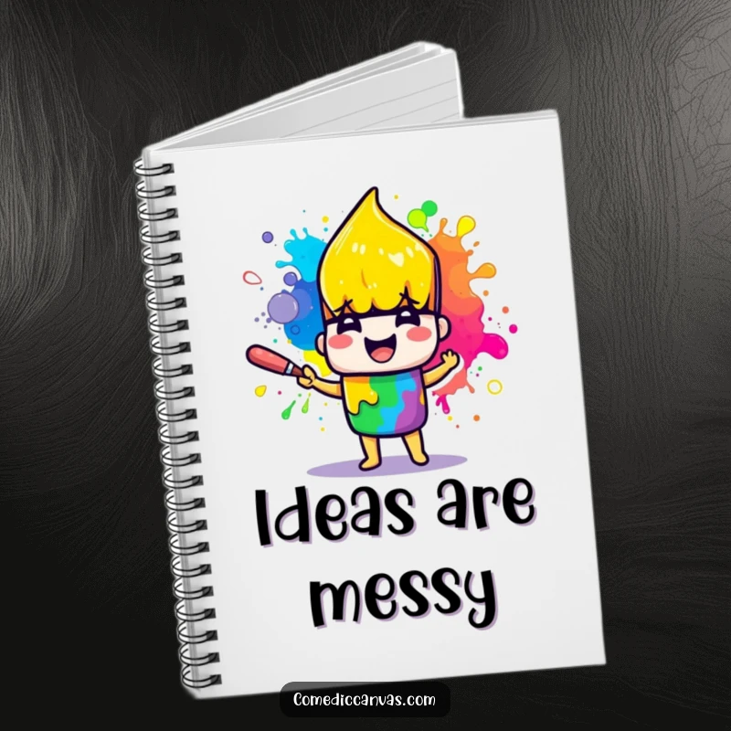 Funny notebook with a cheerful paintbrush character joyfully splattering rainbow paint, perfect for creative writing.