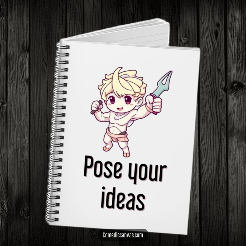 Funny notebook with a cute sculpture arm character dramatically posing with a tool, for notes.