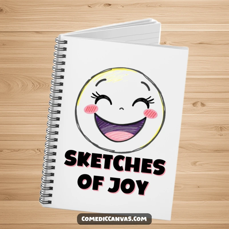 Funny delighted crayon character drawing a giant smiley face, a humorous notebook for creative ideas.