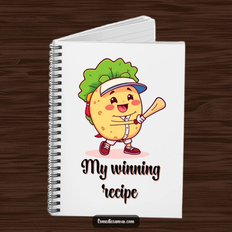 Funny cheerful taco character triumphantly playing baseball, inspiring creativity and organization in this notebook.