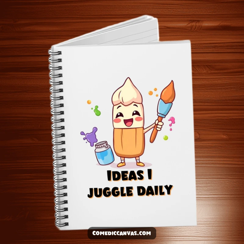Funny notebook cover with a cheerful paintbrush character juggling colorful paint pots, inspiring creative thoughts and artistic fun.