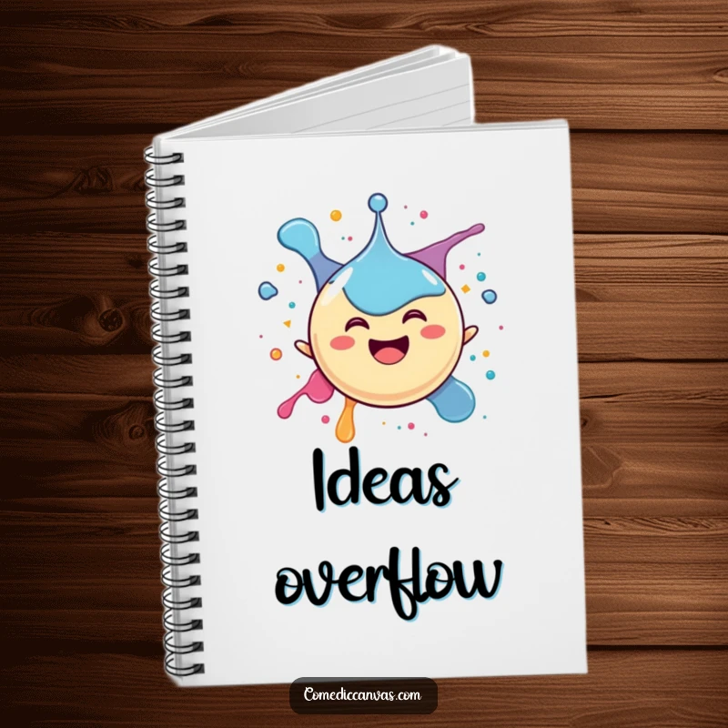 Funny notebook featuring a happy spherical ink drop character gleefully splattering itself, perfect for capturing creative thoughts with zest.