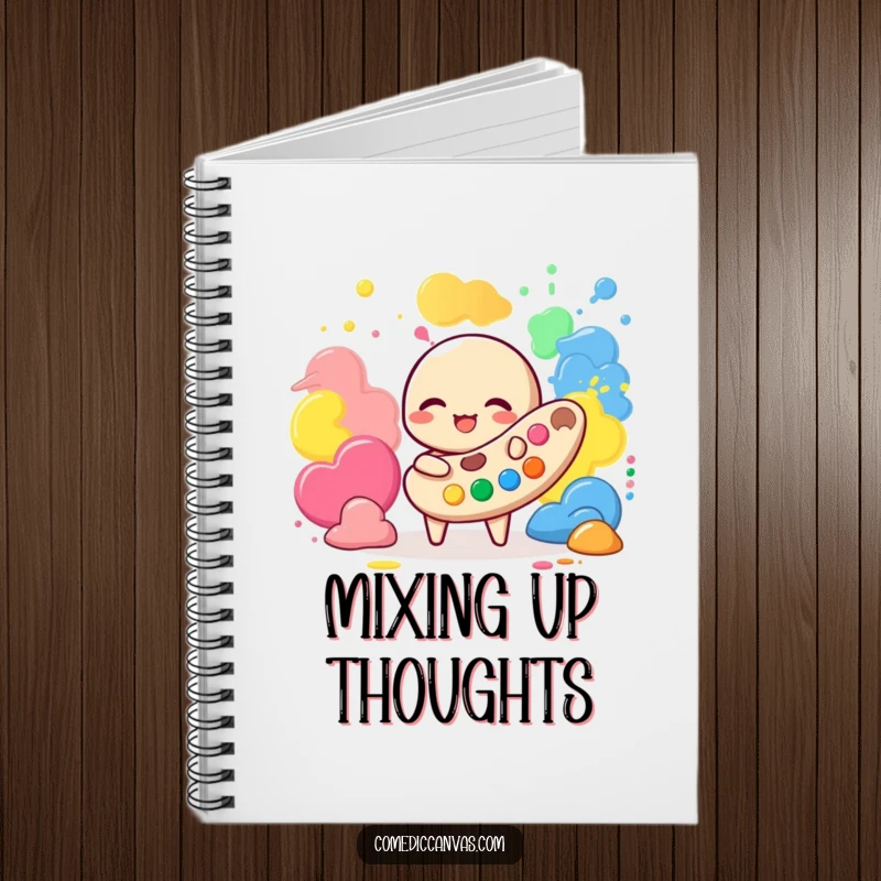 Funny notebook cover with a giggling palette character playing with colorful paint blobs, perfect for creative writing and art notes.