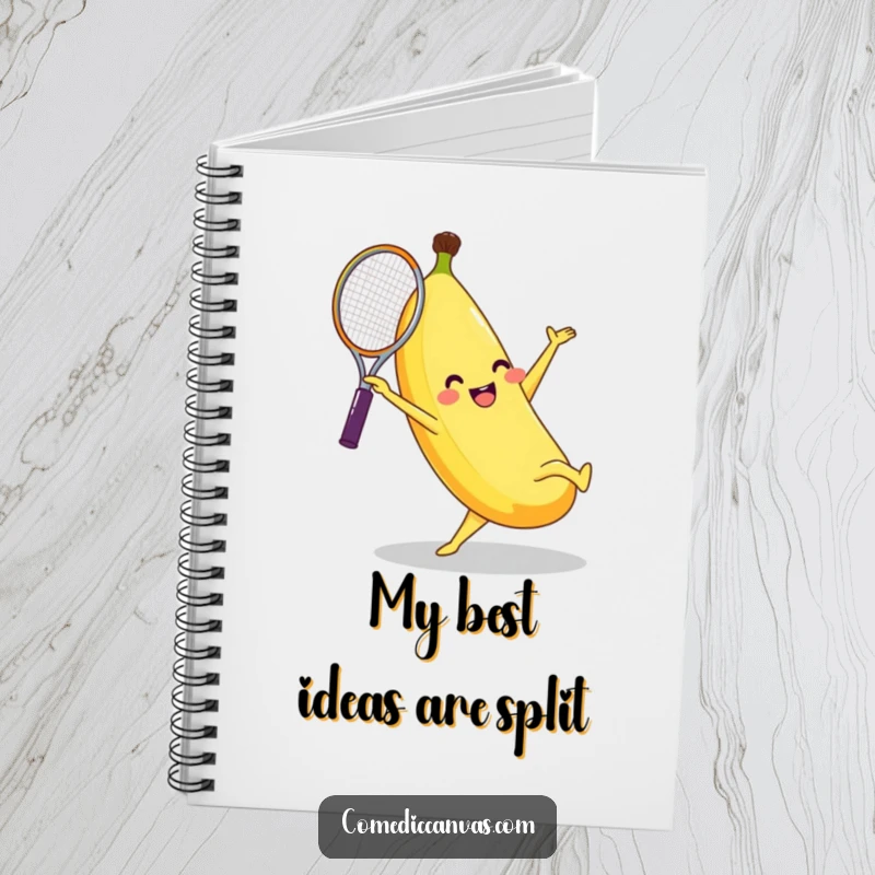 Funny banana character doing a cartwheel with a tennis racket, inspiring creative writing on this handy notebook.