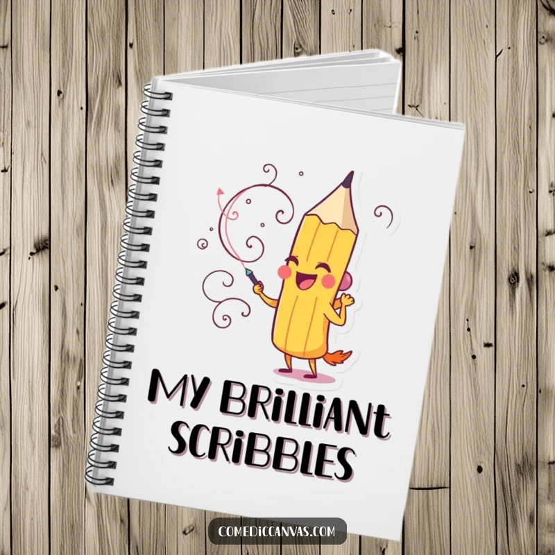 Funny notebook with a delighted pencil character actively drawing a whimsical, swirling design, perfect for notes.