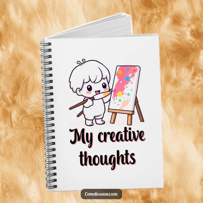 Funny notebook cover featuring a Kawaii character painting a colorful masterpiece with a comically large paintbrush.
