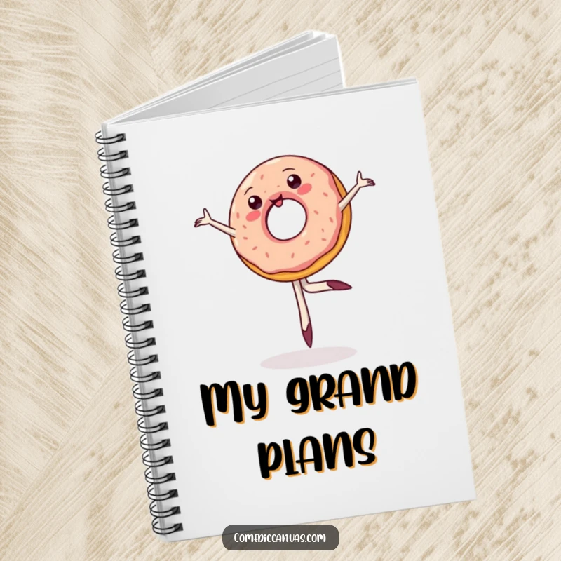 Funny notebook cover showing a wobbly jelly donut attempting a ballet pirouette, celebrating the joy of movement and dessert.