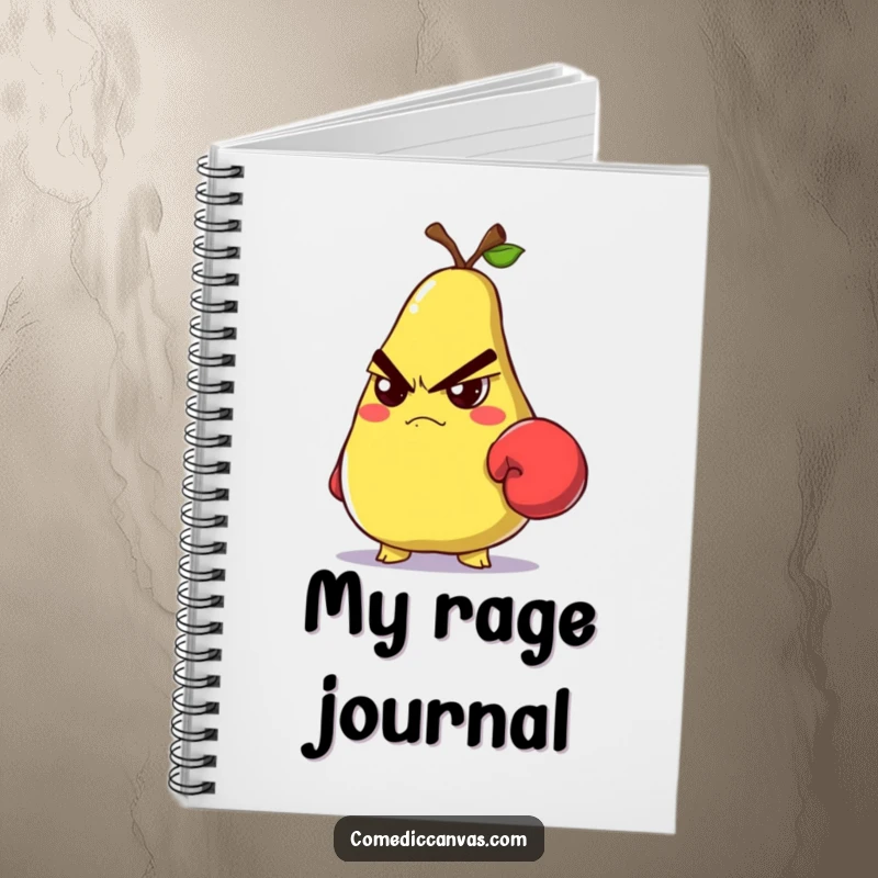 Funny grumpy pear with a small boxing glove glaring, a notebook for jotting down plans or thoughts.