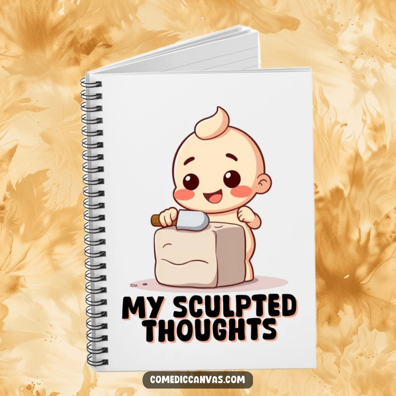 Funny notebook with a happy chisel character comically chipping away at a block of clay, for notes.