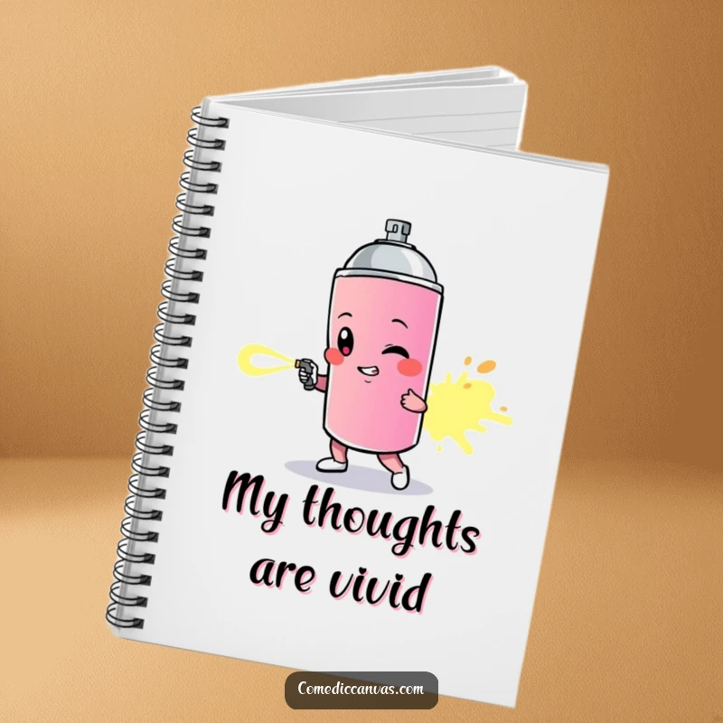 Funny notebook with a determined spray paint can character leaving a vibrant trail, perfect for artistic notes.