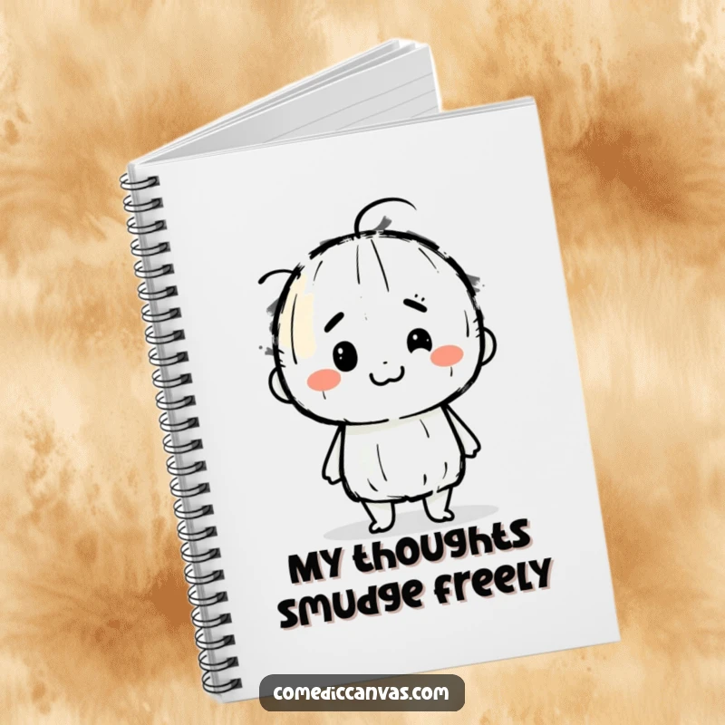 Funny notebook featuring a determined charcoal stick character joyfully smudging artistic lines, ideal for jotting down creative thoughts and doodles.