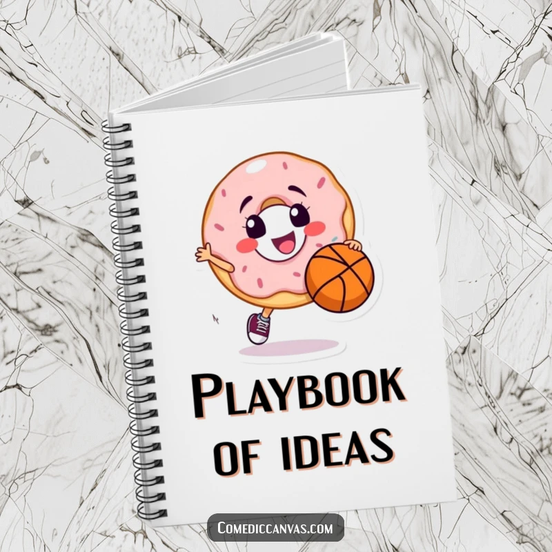 Funny notebook with a smiling donut character dribbling a basketball, ideal for jotting down game strategies and sweet thoughts.