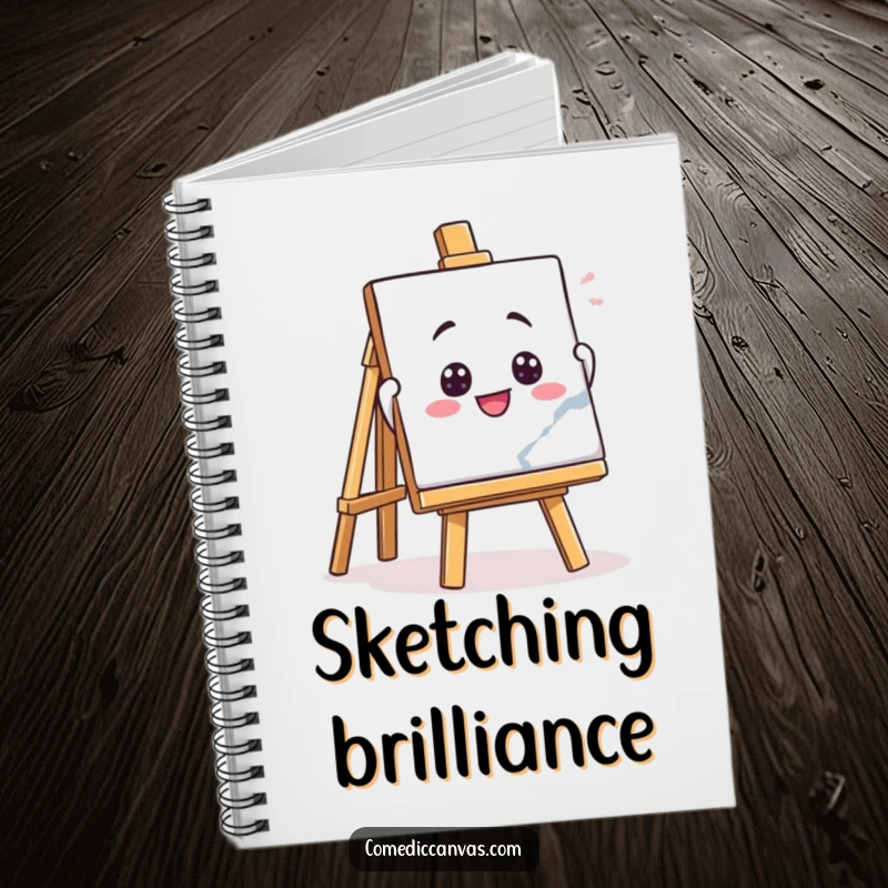 Funny notebook cover featuring a playful easel character enthusiastically holding up a masterpiece, ideal for jotting down creative thoughts.