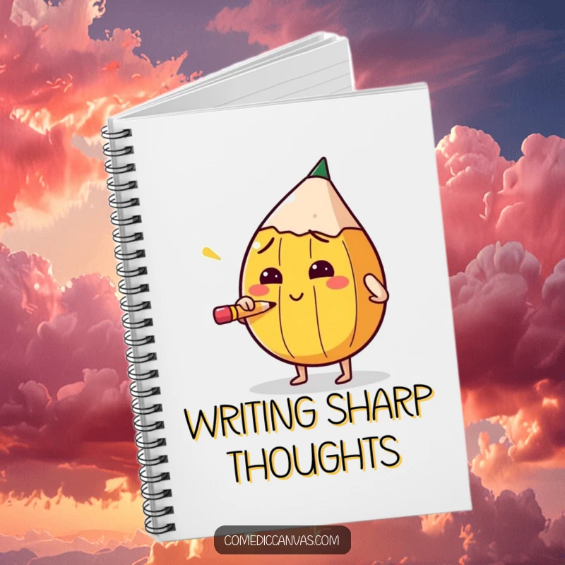 Funny notebook with a round pencil character sharpening itself with intense concentration, perfect for jotting down focused thoughts.