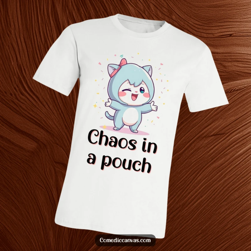 Funny t-shirt with a mischievous character playfully throwing glittery confetti, radiating energy and celebratory fun.