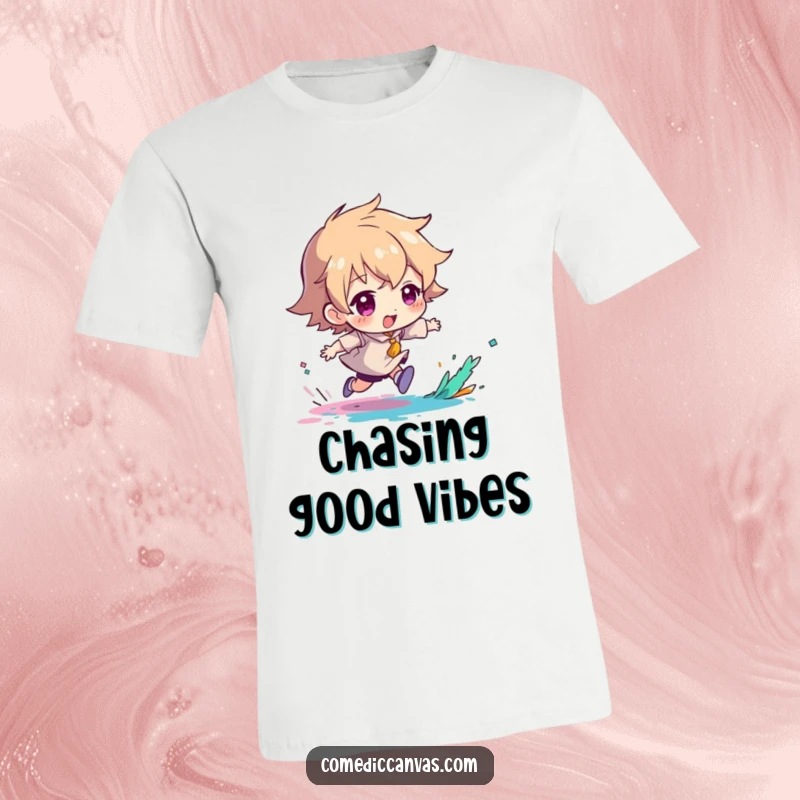 Funny t-shirt showing a character enthusiastically chasing a splash of paint, celebrating playful artistic moments.